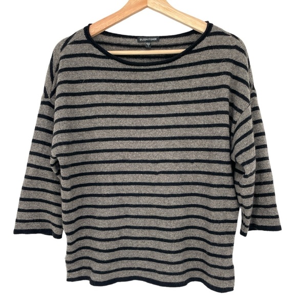 Eileen Fisher Women’s Wool & Yak Stripped Square Scoop Neck Sweater Top Size S - Picture 1 of 10